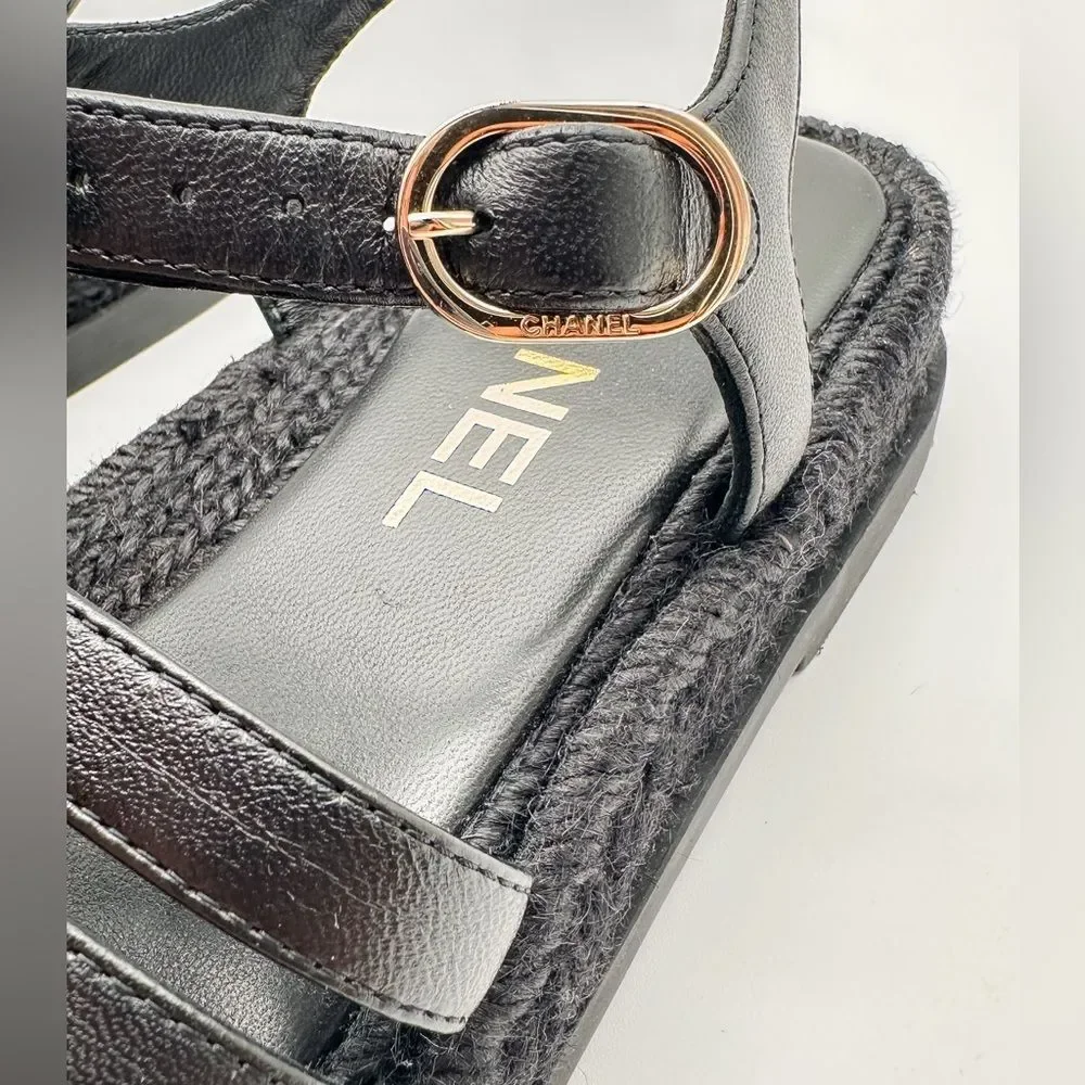 CHANEL 2024 CC Logo Black Leather Fisherman Rope Sole Dad Sandals Flats EU 37